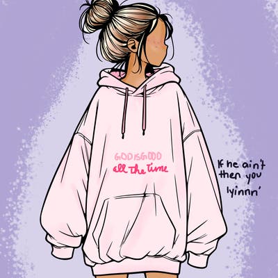 realistic girl with a oversized sweatshirt on and a bun