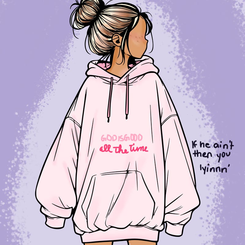 realistic girl with a oversized sweatshirt on and a bun