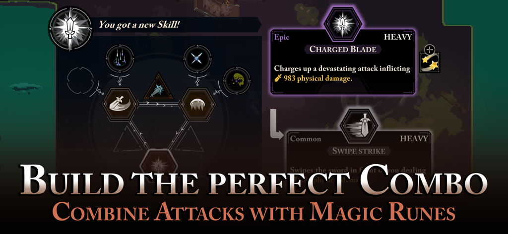 Interface du jeu Endless Wander montrant la personnalisation des compétences du personnage et les combinaisons de runes magiques pour créer des combos d'attaque.