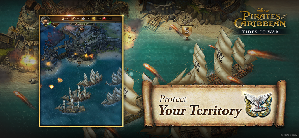 Gameplay de bataille navale dans Pirates des Caraïbes : Tides of War avec des navires défendant une base côtière