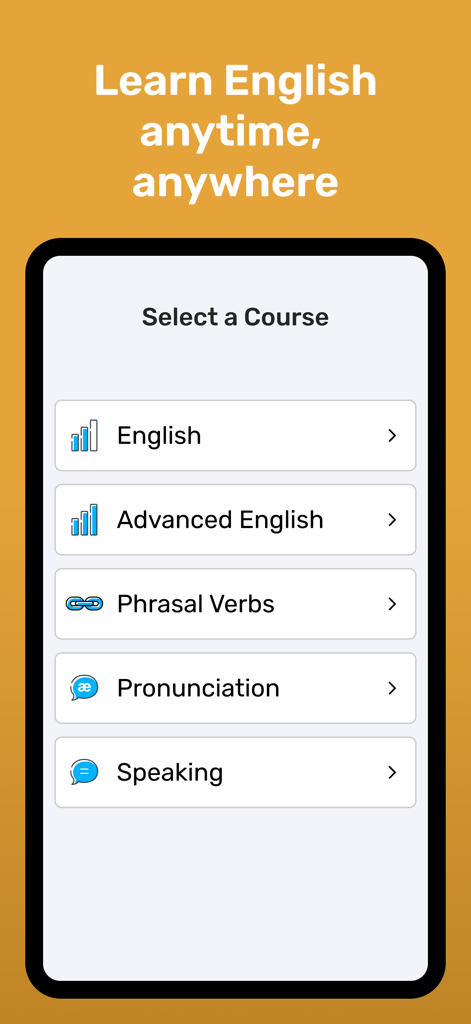 Wlingua app interface showing a menu of English courses including Advanced English Phrasal Verbs Pronunciation and Speaking