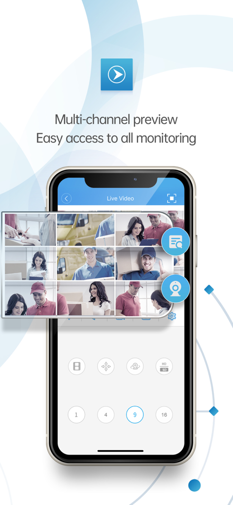 XMEye App zeigt einen 9-Kanal-Sicherheitskamera-Live-Feed auf einem Smartphone