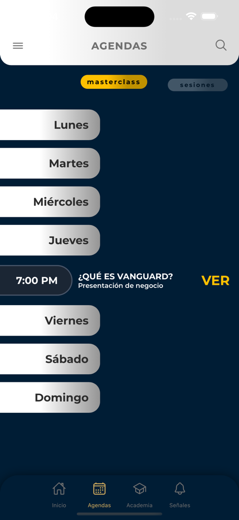 Weekly masterclass schedule in the Vanguard mobile app showing a business presentation event on Thursday at seven PM.