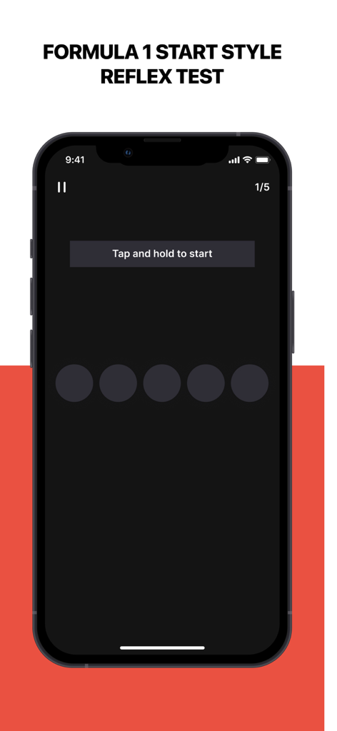 Reaction Time & Reflex Test - Tela de smartphone mostrando um jogo de teste de reflexo estilo largada de Fórmula 1
