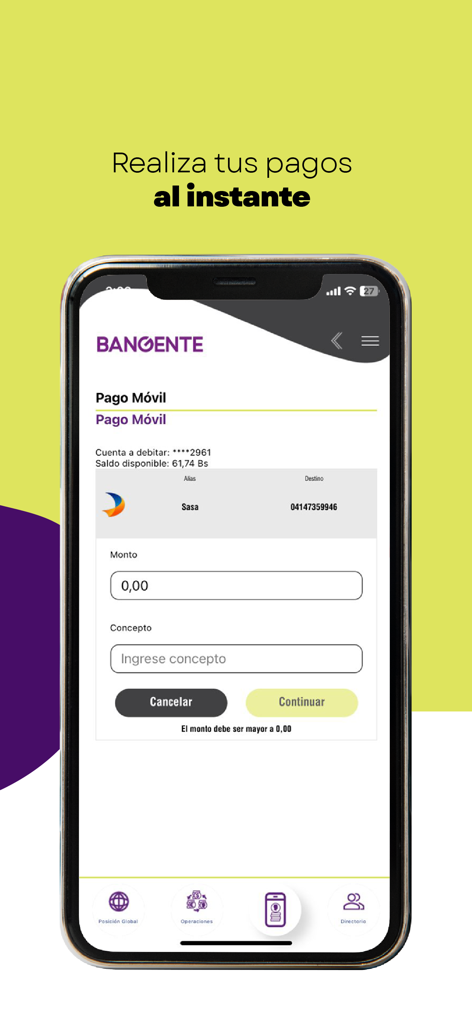 Bangente Móvil - Bangente Móvil app interface showing the Pago Móvil screen for instant interbank transfers
