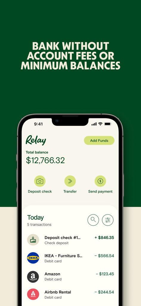 Relay business banking mobile app dashboard showing account balance and transactions under a headline about no account fees.