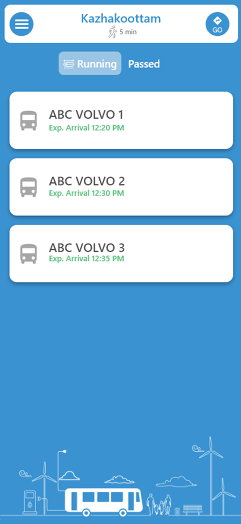MoBis - MoBis app screen showing a list of buses and their expected arrival times at a specific bus stop
