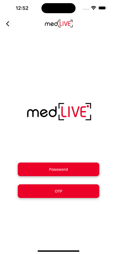 medLIVE app login screen with password and OTP entry options