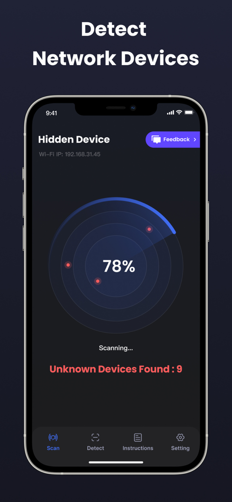 Glint Finder app interface showing a network radar scan that has detected nine unknown devices.