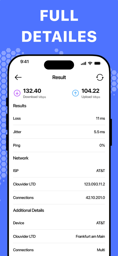 Una schermata dell'app mobile che mostra i risultati del test di velocità della connessione VPN, inclusi velocità di download e caricamento, ping e dettagli di rete.
