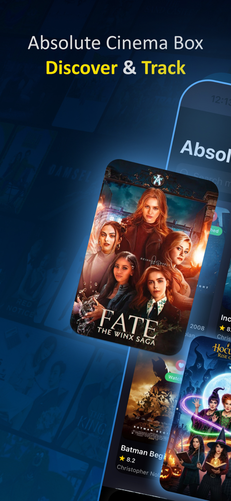 Absolute - Movies & TVShow Box - Interfaz de la aplicación Absolute Cinema Box que muestra funciones de descubrimiento y seguimiento de películas con pósteres