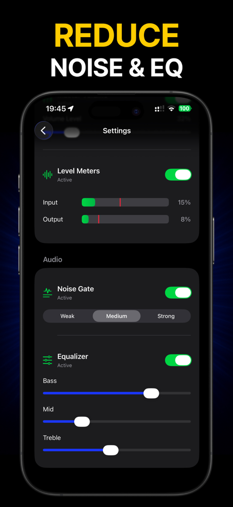 Bluetooth Microphone FX Pro - Bluetooth Microphone FX Pro app settings screen showing noise gate and equalizer sliders for audio control