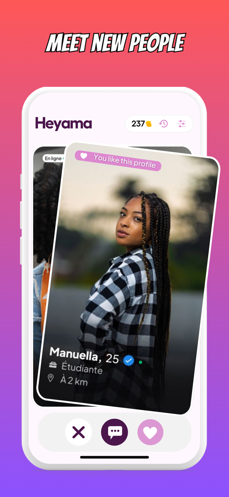 Heyama - African dating - Heyama app interface showing a profile of a young African woman with options to like or message.