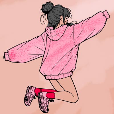 realistic girl jumping with a bun and oversized sweatshirt
