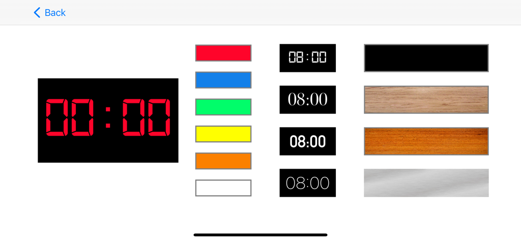 Clock Plus App Anpassungsbildschirm mit Farb-, Schrift- und Hintergrundstiloptionen