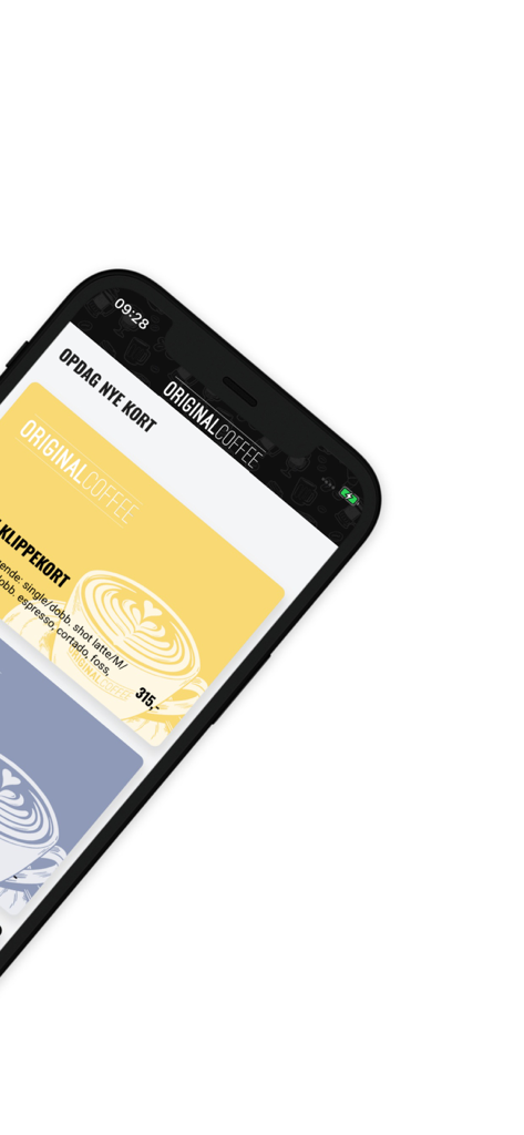 Original Coffee - Pantalla móvil de la aplicación Original Coffee mostrando tarjetas de sellos digitales y opciones de membresía.