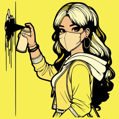 realistic girl with mask spray painting a wall