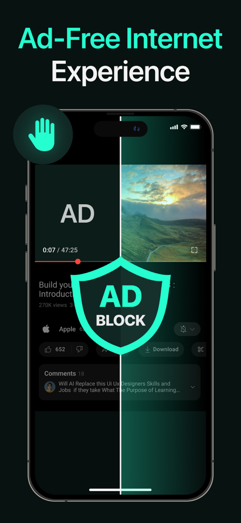 VPN : Super Unlimited Proxy - Mobile screen showing ad block feature for an ad free internet experience