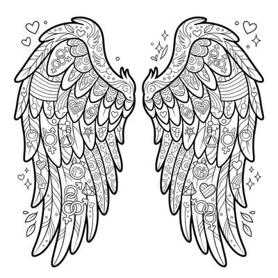 Celebrate love and diversity with this stunning coloring page featuring majestic Cupid's wings. Adorned with intricate Pride symbols, it's a beautiful way to express unity and creativity for all.