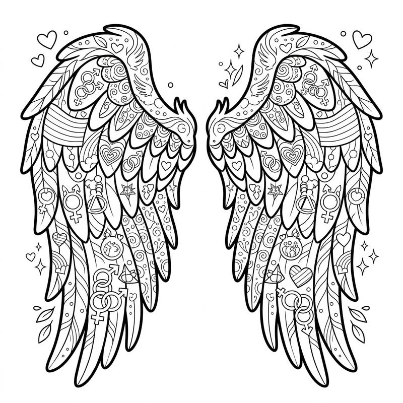 Celebrate love and diversity with this stunning coloring page featuring majestic Cupid's wings. Adorned with intricate Pride symbols, it's a beautiful way to express unity and creativity for all.