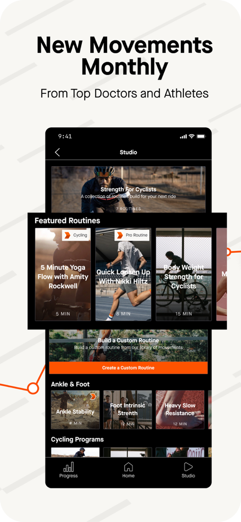 Recover Athletics app studio screen showing featured recovery routines and specific exercises for ankle and foot health.