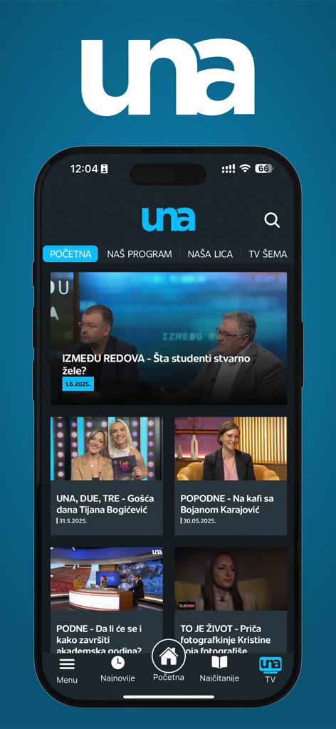 UNA TV - Interface do aplicativo móvel UNA TV em um iPhone exibindo várias miniaturas de notícias e programas de entretenimento em sérvio