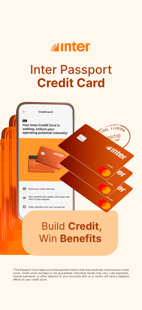 Inter Passport Credit Card feature screen showcasing credit building and reward benefits