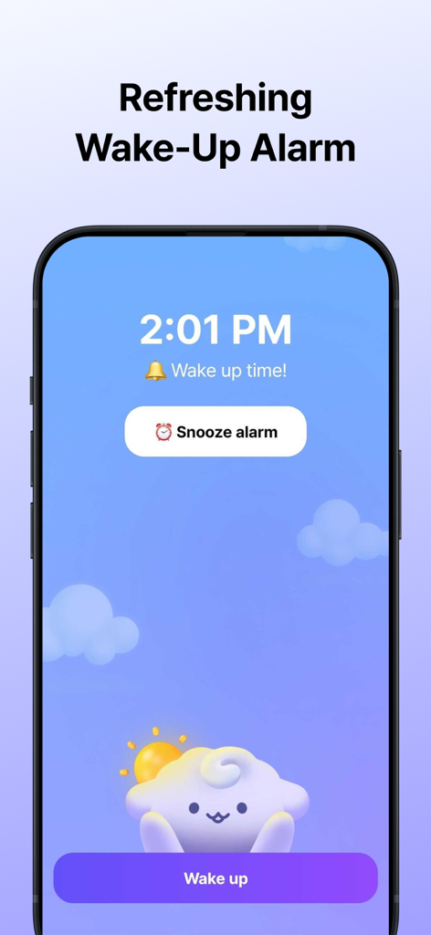 Sleep Routine: Tracker&Alarm - Eine Smartphone-Oberfläche der Sleep Routine App, die einen Smart Wake-up Alarmbildschirm mit einem niedlichen Wolkencharakter und einer Schlummertaste zeigt