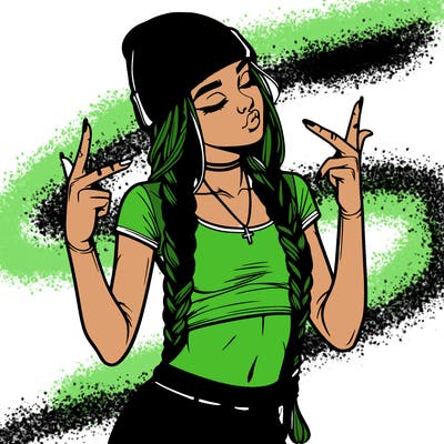 realistic teenage girl with braids and a beanie and crop top doing 🫶🏼