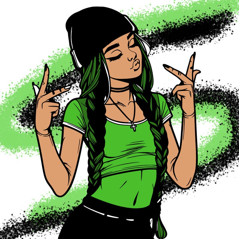 realistic teenage girl with braids and a beanie and crop top doing 🫶🏼