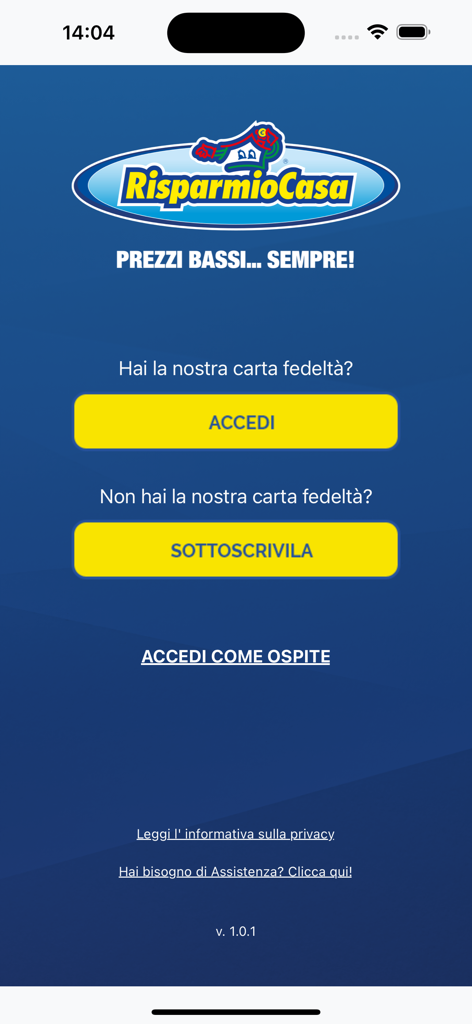 Schermata di benvenuto dell'app Risparmio Casa con pulsanti per l'accesso con carta fedeltà, registrazione e accesso come ospite