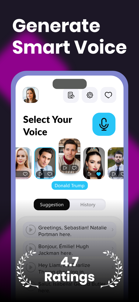 Interfaz de usuario de una aplicación generadora de voz IA que muestra opciones para seleccionar y clonar voces