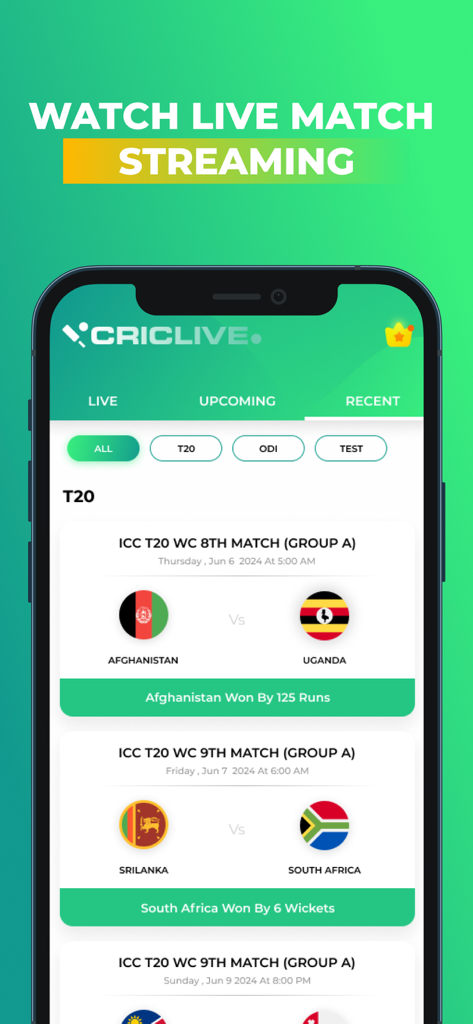 Interface of the Smartcric app showing recent T20 cricket match results and scores