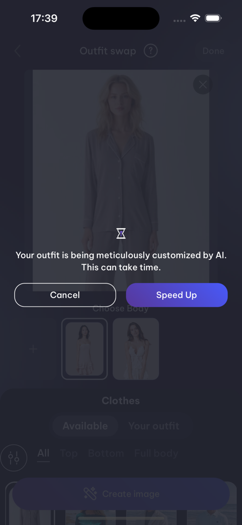 Mobile app interface of AI DressUp showing a loading screen for virtual outfit customization with a speed up button