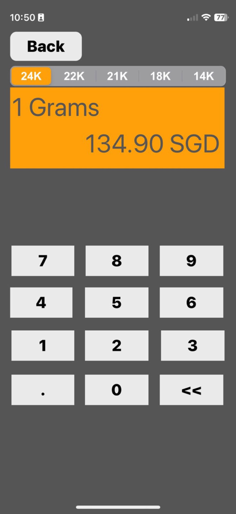A gold value calculator screen from the Singapore Daily Gold Price app showing SGD rates for 24K gold