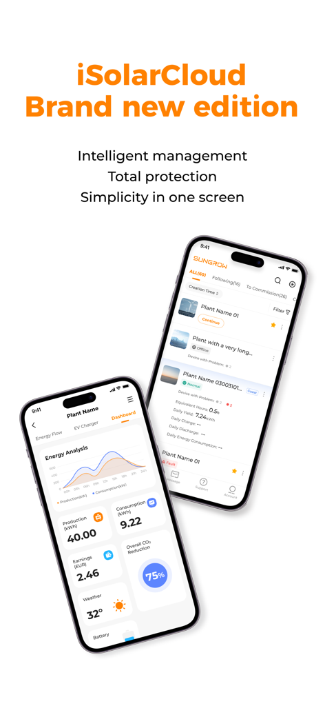 Zwei Mobiltelefone, die die iSolarCloud App-Oberfläche mit Grafiken zur Energieerzeugung und Bildschirmen zur Verwaltung von Solaranlagen zeigen.