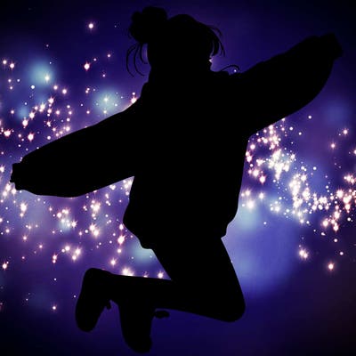 realistic girl jumping with a bun and oversized sweatshirt