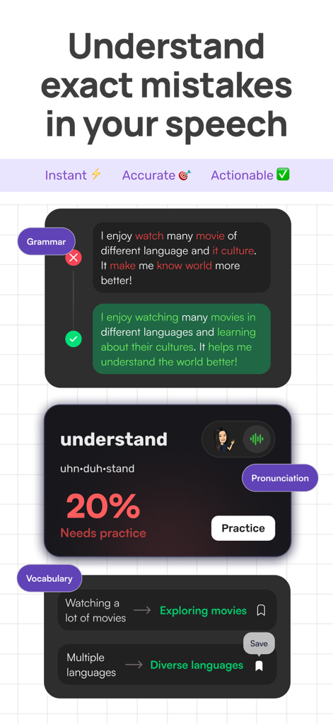 A screen showing detailed feedback on English grammar, pronunciation, and vocabulary with a 20 percent score for the word understand.