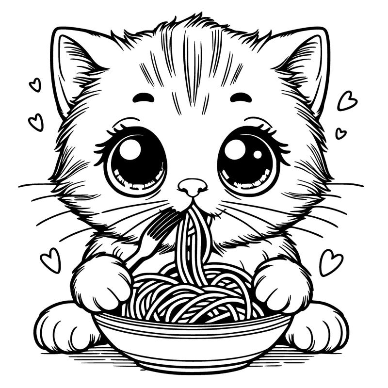 kitten with big eyes and small mouth eating spaghetti