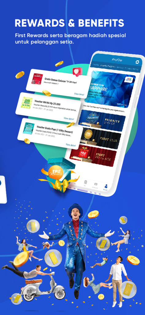 My FirstMedia - Rewards and benefits screen of the My FirstMedia app showing loyalty vouchers and membership tiers