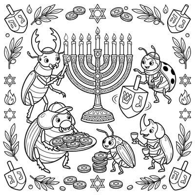 Get ready for a heartwarming Hanukkah celebration with a charming group of beetles. This delightful coloring page combines the wonders of nature with festive traditions for a unique artistic experience.