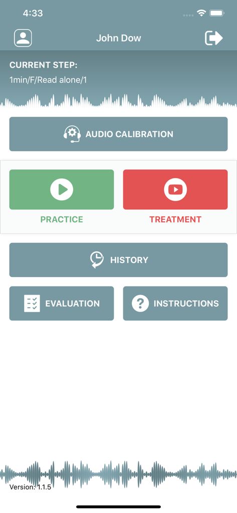 MPI-2吃音治療アプリのメインメニュー、練習および治療オプションが表示されます。