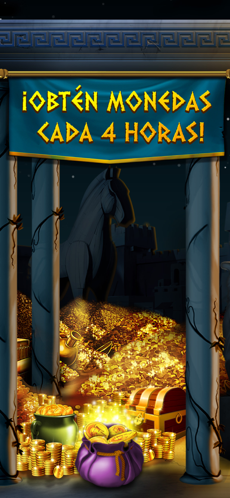 Troya - Máquina Tragaperras - Promotional screen for Troya slot machine featuring piles of gold coins and a Trojan Horse silhouette with text offering free coins every 4 hours