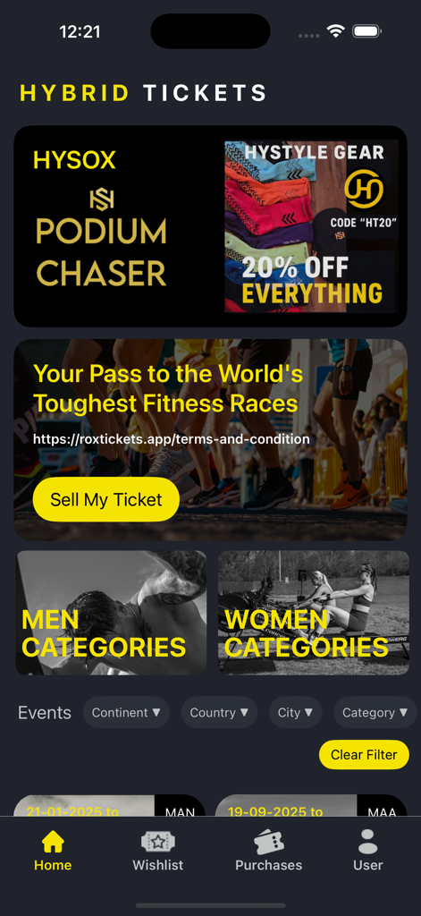 Rox Tickets - Rox Tickets mobile app interface showing categories for buying and selling fitness race tickets