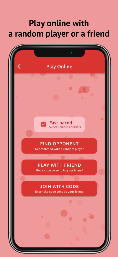 Chinese Checkers Online - Chinese Checkers Online app screen showing options to play online with random opponents or friends using private codes.