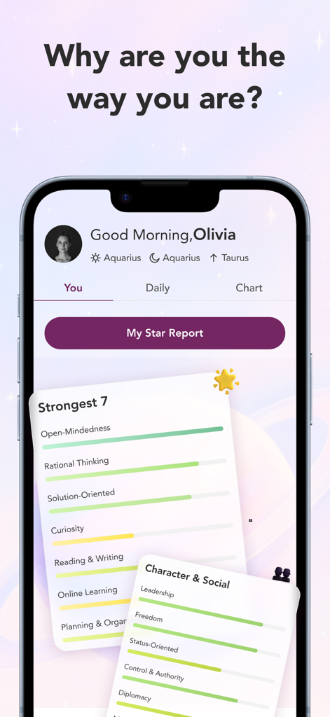 easyStars- AI Meets Astrology - A mobile screen from the easyStars app showing a personalized astrological personality report with character trait bars and star sign details