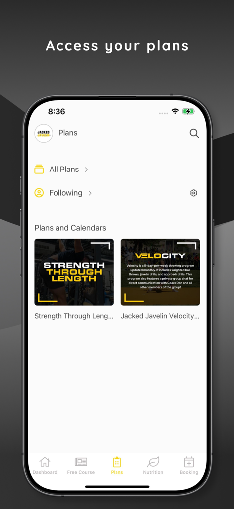 Jacked Javelin - Jacked Javelin App-Oberfläche, die Trainingspläne zeigt, einschließlich 'Strength Through Length' und 'Velocity'