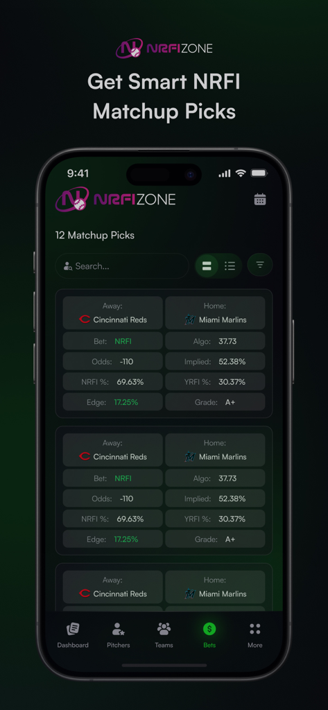 NRFI Zone - The NRFI Zone app interface showing smart baseball matchup picks with betting odds and statistical probabilities for MLB games.