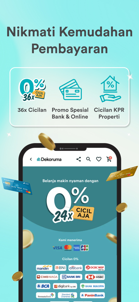 Dekoruma: Furniture & Interior - Schermata mobile dell'app Dekoruma che mostra opzioni di pagamento flessibili come rate a tasso zero e piani di mutuo per mobili e proprietà