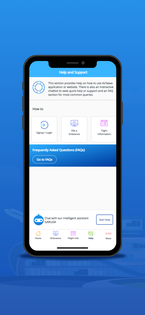 AirSewa - AirSewa app help and support interface featuring FAQs and Garuda chatbot assistant